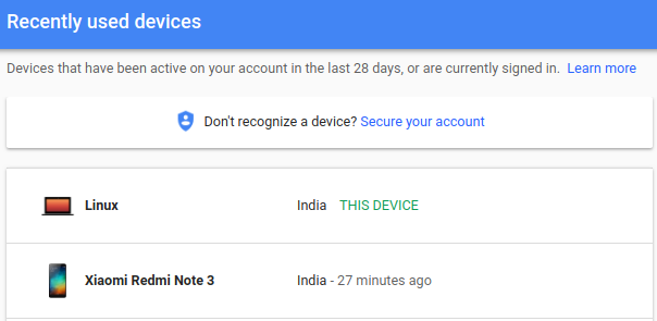recently used devices - google account